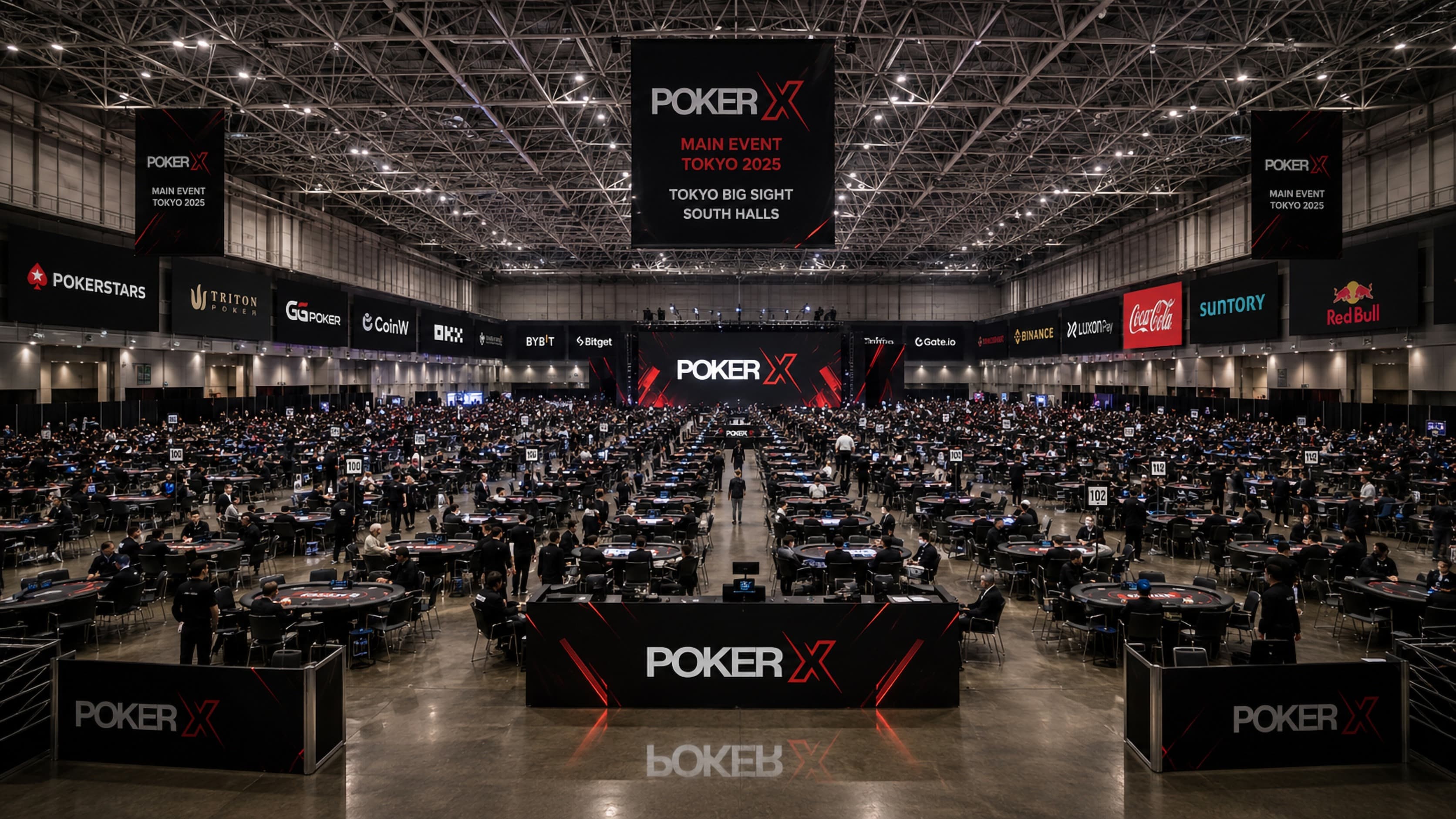 Wide view of the POKER X main event tournament arena