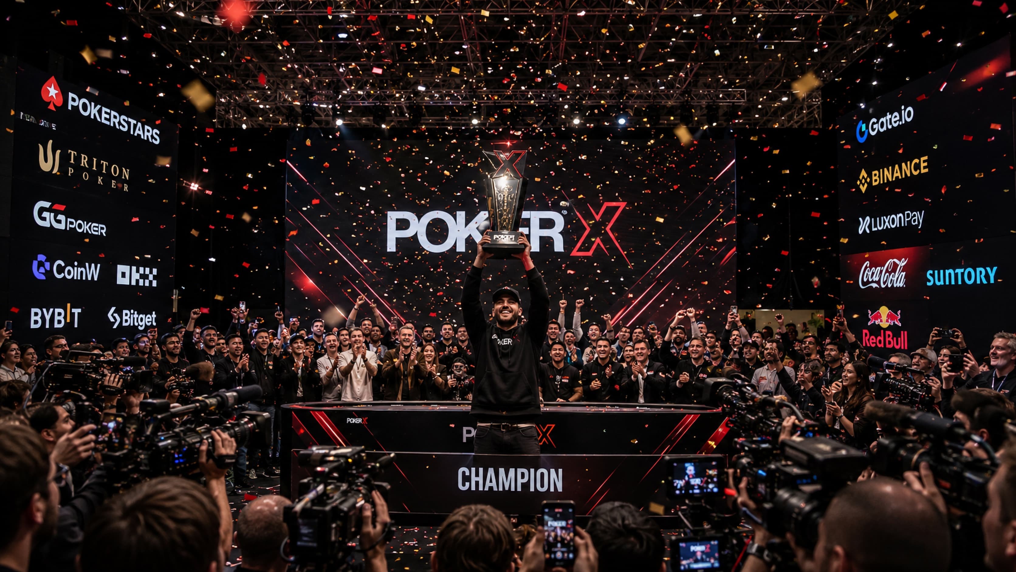 A champion lifting the POKER X trophy at the final table