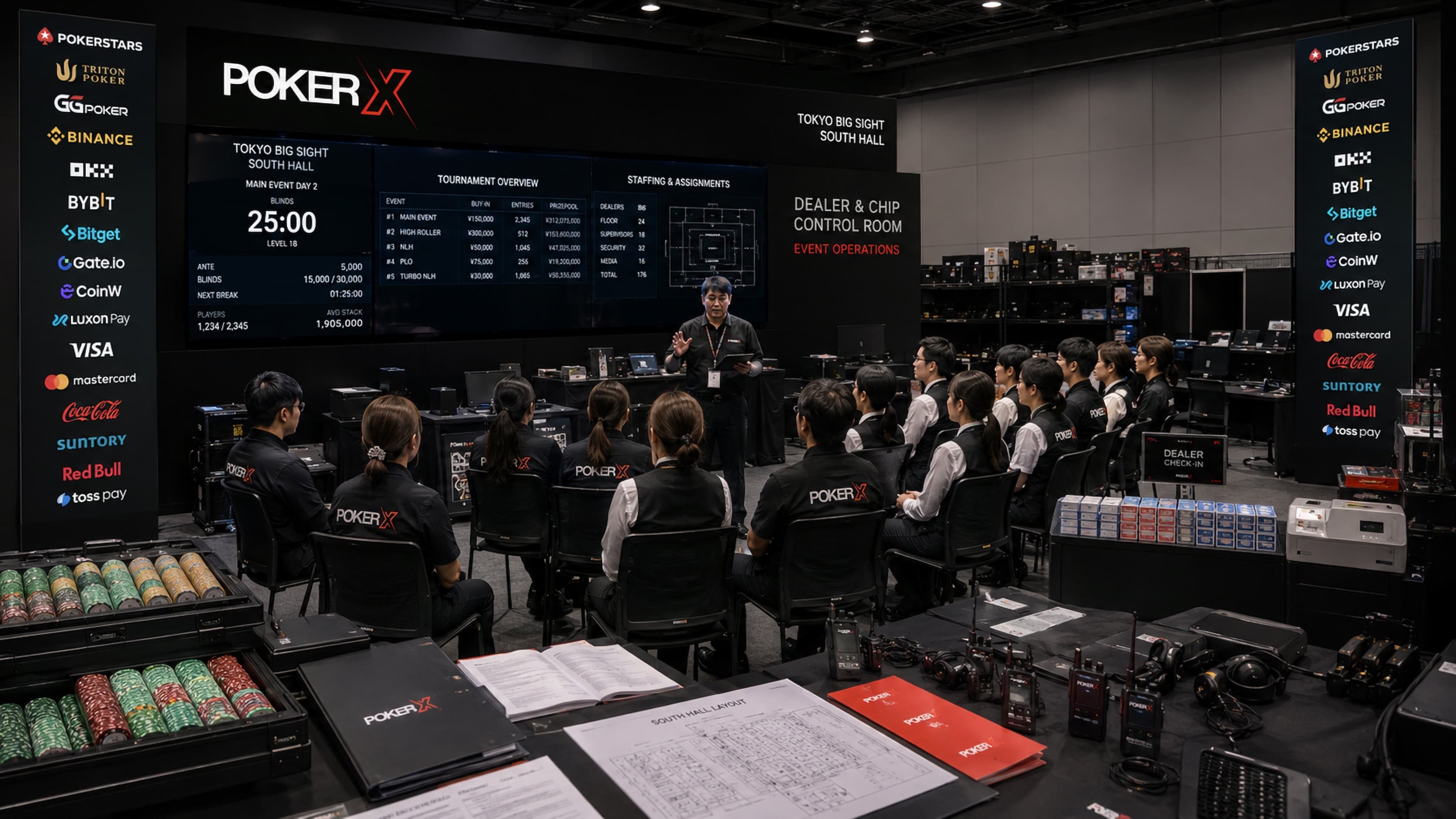 Dealer and chip control room behind a POKER X tournament