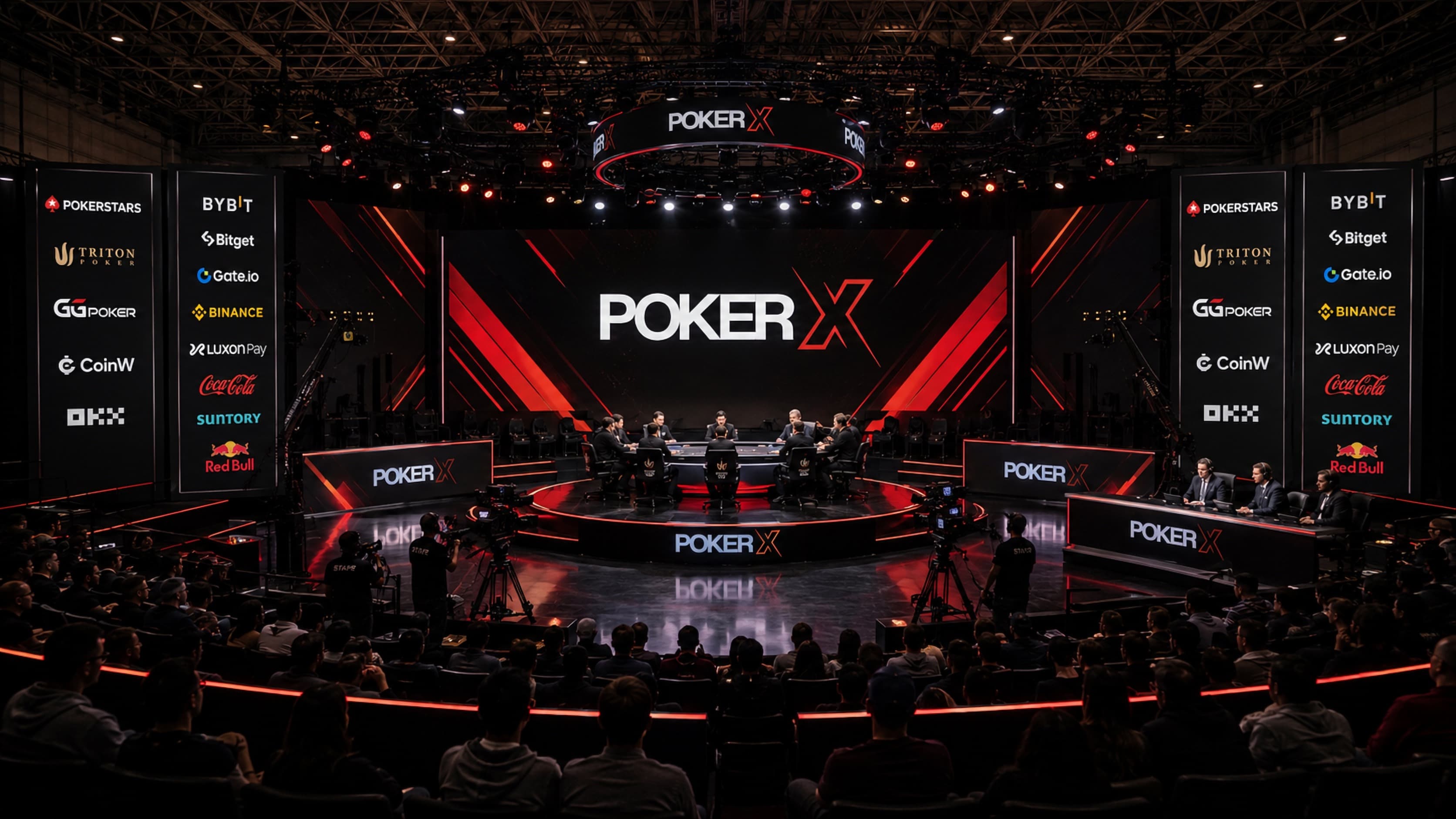 The POKER X final table broadcast stage under stage lighting