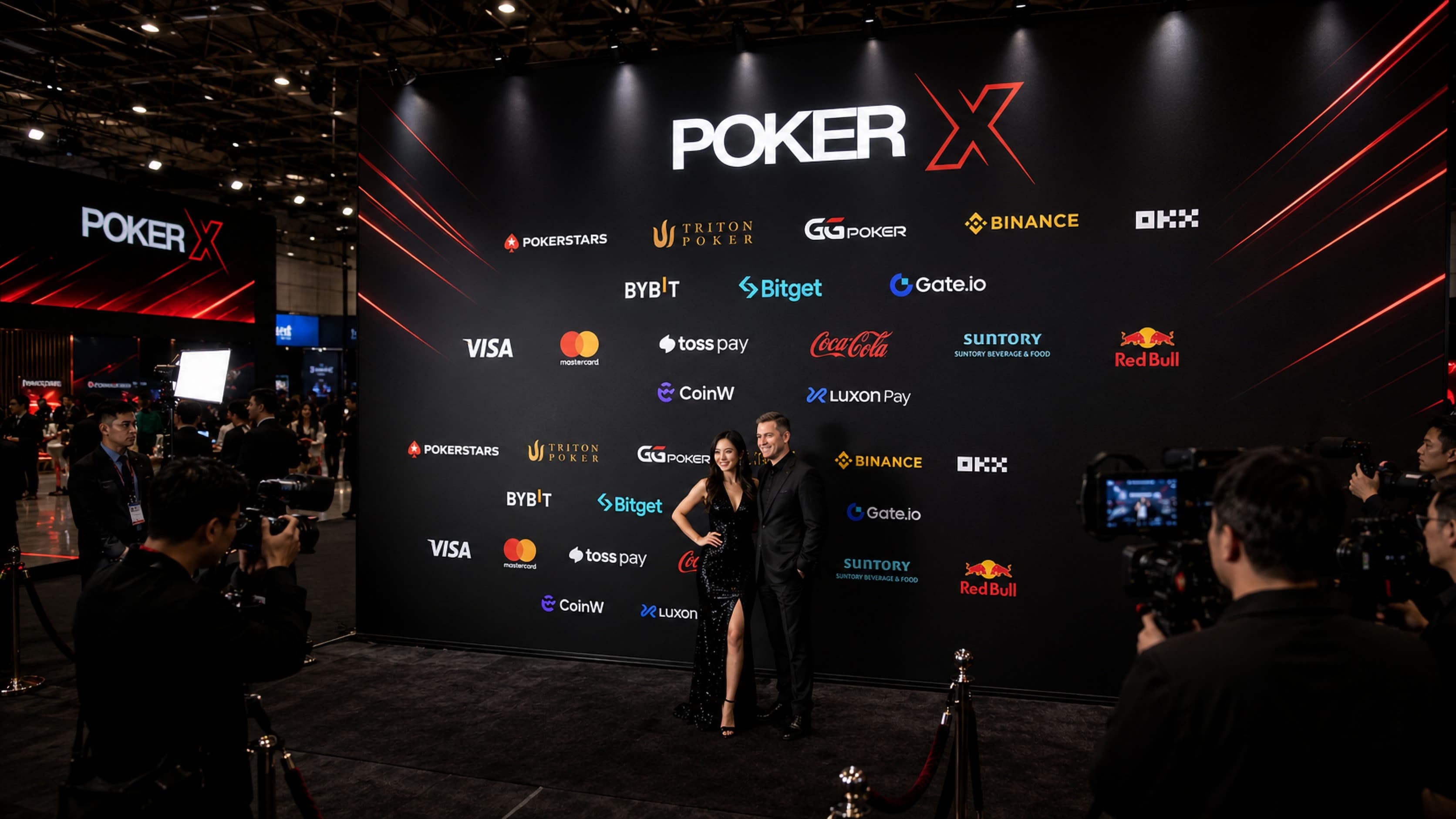 Branded sponsor photo wall at a POKER X event